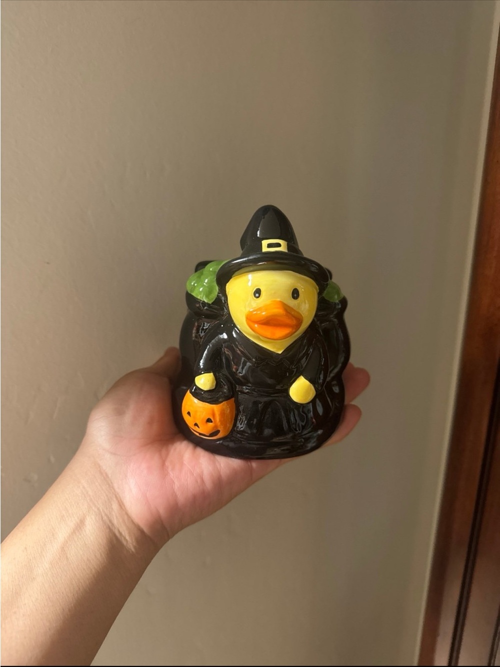 Halloween Witch Duck Ceramic Napkin Holder in Black and Yellow